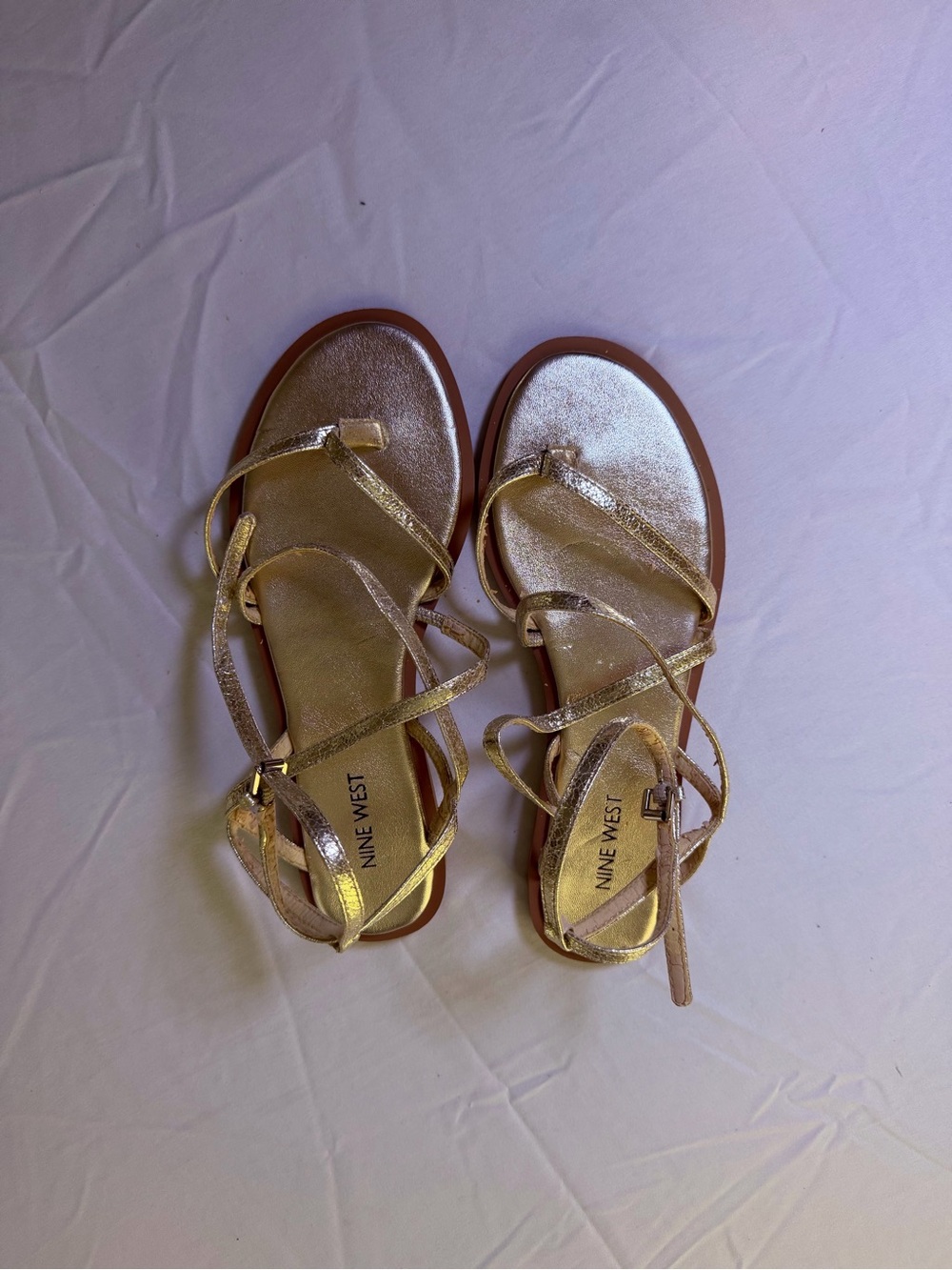 Nine West Metallic Gold Strappy Flat Sandals - 8.5